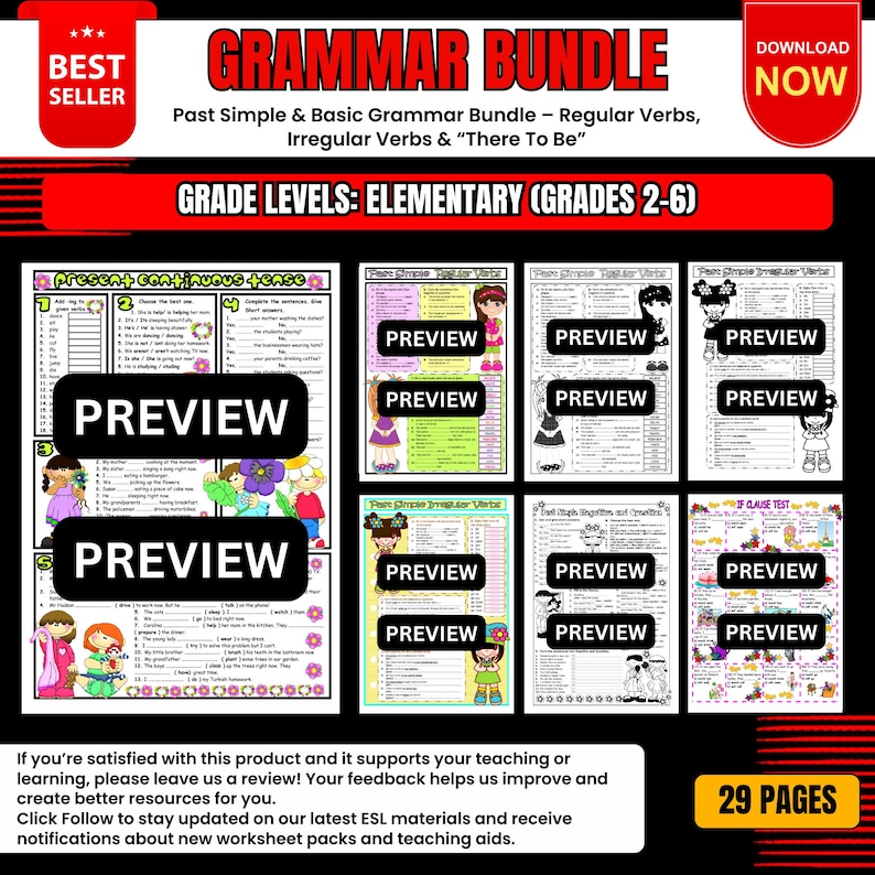 Op de afbeelding: Een Grammar Bundle voor de basisschool (2-6) met werkbladen over de verleden tijd, regelmatige en onregelmatige werkwoorden en "there to be". Bevat "Preview" labels op de werkbladen. De afbeelding bevat ook de tekst "Best Seller" en "Download Now".