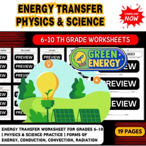 May include: Educational worksheet titled "Energy Transfer Physics & Science" for grades 6-10. The image features a lightbulb, solar panels, and the words "Green Energy." Includes "Preview" buttons and the text "19 Pages."