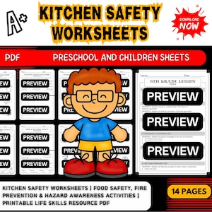 以下が含まれることがあります： 「Kitchen Safety Worksheets」というタイトルのカラフルな教育リソースで、「Preschool and Children Sheets」というテキストが含まれています。画像には、漫画の子供、プレビューボタン、および「Download Now」というテキストが含まれています。ワークシートは、食品の安全性、火災予防、および危険認識をカバーしています。