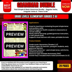 Op de afbeelding: Een Grammar Bundle educatieve bron voor basisschoolklassen (2-6). De afbeelding toont werkbladen met de tekst "PREVIEW" en "There is - There are". Bevat verleden tijd, werkwoordvormen en zinsstructuur. Printbare PDF met antwoordsleutels.