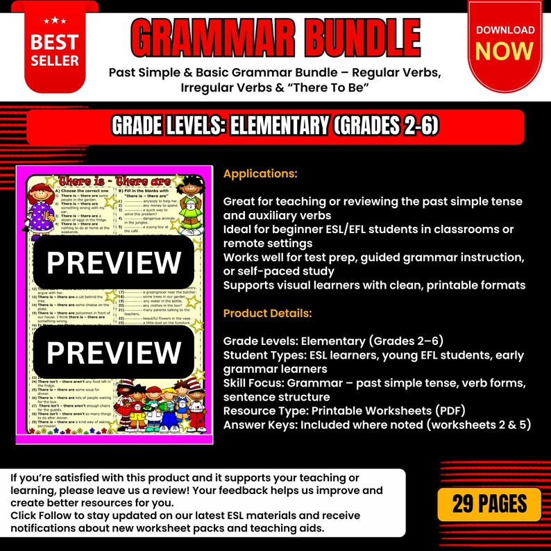 Op de afbeelding: Een Grammar Bundle educatieve bron voor basisschoolklassen (2-6). De afbeelding toont werkbladen met de tekst "PREVIEW" en "There is - There are". Bevat verleden tijd, werkwoordvormen en zinsstructuur. Printbare PDF met antwoordsleutels.