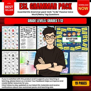 May include: ESL Grammar Pack for grades 1-12, featuring worksheets on verb tenses, passive voice, and tag questions. The pack includes 19 pages of educational materials, with a "Best Seller" badge and a "Download Now" button.