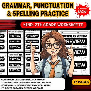 Peut inclure: Ensemble de fiches d'exercices éducatives pour les élèves de maternelle à la 2e année, axées sur la grammaire, la ponctuation et l'orthographe. L'image présente une étudiante de dessin animé avec des feuilles de travail "Aperçu". 17 pages.