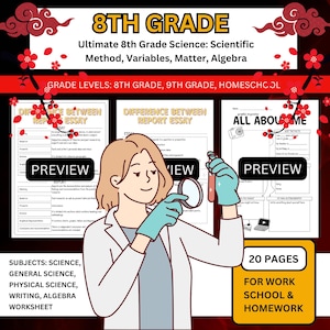 May include: An educational worksheet set titled 8th Grade Ultimate 8th Grade Science: Scientific Method, Variables, Matter, Algebra. The image features a person in a white lab coat and blue gloves holding a magnifying glass and test tube.