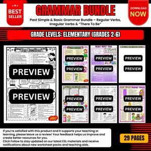 Op de afbeelding: Een Grammar Bundle voor de basisschool (2-6) met werkbladen over de verleden tijd, regelmatige werkwoorden, onregelmatige werkwoorden en "there to be". De afbeelding bevat "Preview" knoppen en de tekst "Best Seller" en "Download Now".