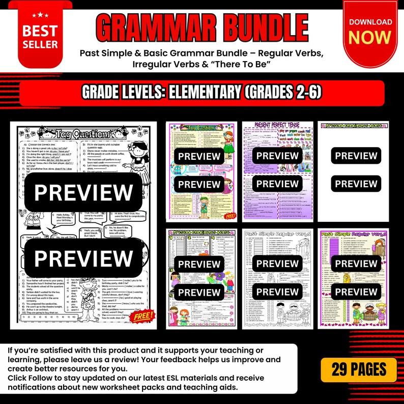 Op de afbeelding: Een Grammar Bundle voor de basisschool (2-6) met werkbladen over de verleden tijd, regelmatige werkwoorden, onregelmatige werkwoorden en "there to be". De afbeelding bevat "Preview" knoppen en de tekst "Best Seller" en "Download Now".