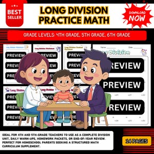 May include: A digital math worksheet set titled "Long Division Practice Math" for 4th, 5th, and 6th grades. The image features a cartoon family and previews of worksheets. Includes the text "Best Seller" and "Download Now".