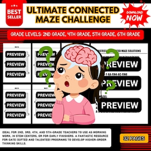 May include: An educational graphic featuring a cartoon girl with a brain illustration, question marks, and maze previews. Text includes "Ultimate Connected Maze Challenge," grade levels, and "Best Seller." The image promotes a 32-page resource for teachers.