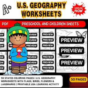 50 States Coloring Pages: USA Geography Worksheets (Printable PDF)