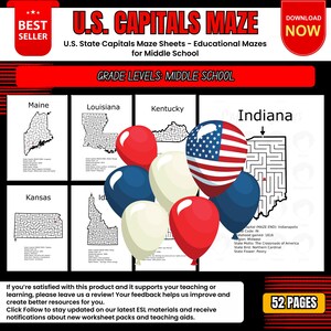 May include: Educational U.S. Capitals Maze Sheets for Middle School. The image features mazes for various states, including Maine, Louisiana, Kentucky, Indiana, Kansas, and Idaho. Colorful balloons in red, white, and blue are also present. The text includes "Best Seller" and "Download Now."