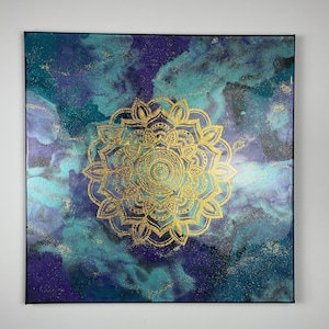 Gold Mandala Painting: Boho Fluid Art on Canvas (20x20)