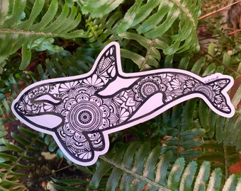 Orca Killer Whale Sticker - Sea Life Mandala - Weatherproof Waterproof Vinyl - Laptop - Car Bumper - Window - Surfboard - Skateboard - Large