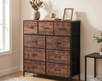 Cómoda de tela con 9 cajones para dormitorio, armario de almacenamiento con estructura de acero