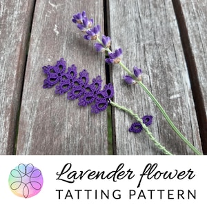 May include: A close-up of a purple tatting pattern in the shape of a lavender flower, next to a real lavender stem with purple buds. The text "Lavender flower TATTTING PATTERN" is displayed below the flowers.