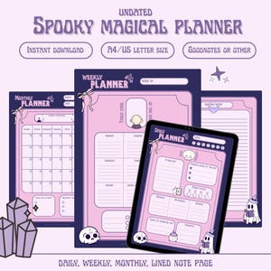 Könnte beinhalten: Ein digitales Planerset mit einem gruseligen, magischen Thema. Das Set enthält tägliche, wöchentliche und monatliche Planerseiten sowie linierte Notizseiten. Das Design weist ein lila-rosa Farbschema mit Illustrationen von Geistern, Totenköpfen und Kristallen auf. Text enthält "Spooky Magical Planner".