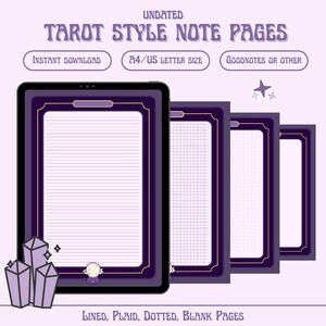 Könnte beinhalten: Digitale Notizseiten im Tarot-Stil in Lila und Gold. Die Seiten enthalten linierte, karierte, gepunktete und leere Optionen. Der Text auf dem Bild lautet "Tarot Style Note Pages", "Sofort-Download" und "A4/US Letter Size".