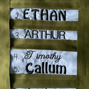 Puede incluir: Una pieza de tela bordada con los nombres: TJ MOT HEY, ETHAN, ARTHUR, Timothy, Callum y Arthur. Hilo negro sobre tiras blancas, sobre tela verde oliva.