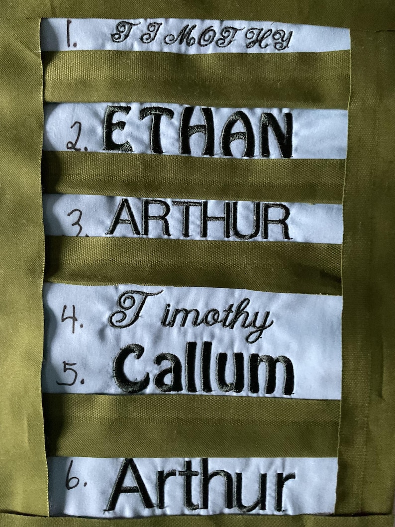 Puede incluir: Una pieza de tela bordada con los nombres: TJ MOT HEY, ETHAN, ARTHUR, Timothy, Callum y Arthur. Hilo negro sobre tiras blancas, sobre tela verde oliva.