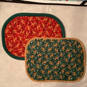 Quilted Prancing Reindeer Reversible Quilted Hot Pads.
