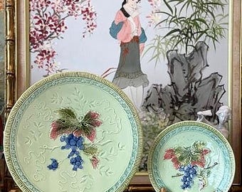 Antique Majolica Grapevine Black Forest Serving Plate & Set of 4 Dessert Plates