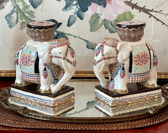 Vintage Porcelain Elephant Plant Stands Figurine Holders Chinoiserie Decor Pair