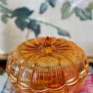 May include: A translucent amber-colored glass pumpkin-shaped container with a lid. The glass features vertical ribbed detailing radiating from a central pointed stem at the top. The object has a rounded, segmented form resembling a gourd.