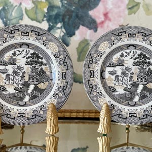 May include: Two round ceramic plates featuring a black and white willow pattern with intricate pagoda, bridge, and tree motifs. The wide rims display a geometric border design with subtle tan accents, creating a detailed, classic aesthetic.
