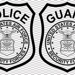Puede incluir: Dos insignias de seguridad de la Fuerza Aérea de los EE. UU. en blanco y negro. Una dice "POLICE" y la otra "GUARD". Ambas presentan el emblema de la Fuerza Aérea de los EE. UU. y el texto "UNITED STATES AIR FORCE" y "SECURITY FORCES".