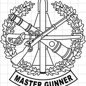 May include: Black and white illustration of a Master Gunner emblem. The design features crossed cannons and a rifle, with a central missile shape. The emblem is encircled by a laurel wreath and includes the text "MASTER GUNNER" on a banner.