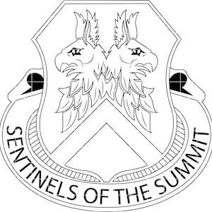 May include: Black and white emblem featuring two eagle-like creatures facing each other, set against a shield shape. The words "SENTINELS OF THE SUMMIT" are inscribed around the emblem's base. The design is detailed and symmetrical.