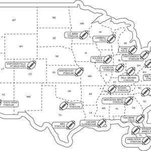 May include: A black and white map of the United States, outlining each state with dotted lines. Football-shaped icons mark the locations of various stadiums, each labeled with its name, such as "Allegiant Stadium" and "Lambeau Field."