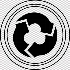 May include: Black and white circular graphic featuring a recycling symbol. The symbol has a central three-lobed shape, surrounded by a broken arrow design, within concentric circles. The background is transparent.