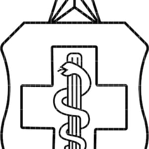 May include: A black and white emblem featuring a star above a shield. The shield contains a cross with a staff and serpent symbol, a common medical symbol. The design is outlined in black.