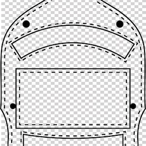 Puede incluir: Gráfico en blanco y negro de una insignia o parche. El diseño presenta una serie de formas rectangulares y curvas delineadas con líneas discontinuas. Pequeños círculos negros se colocan a intervalos a lo largo de los bordes.