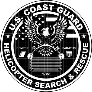 May include: Black and white U.S. Coast Guard emblem featuring an eagle with outstretched wings, stars, and stripes. The words "U.S. Coast Guard," "Helicopter Search & Rescue," and the motto "Semper Paratus" are displayed around the emblem.