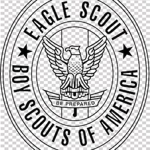 May include: Black and white Eagle Scout emblem. The oval design features an eagle with outstretched wings, the words "EAGLE SCOUT" at the top, and "BOY SCOUTS OF AMERICA" around the perimeter. The emblem includes two stars and the motto "BE PREPARED".