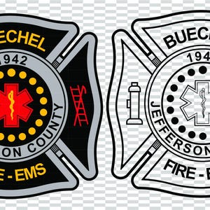 Pode incluir: Duas versões de um emblema dos bombeiros. O emblema esquerdo é colorido, com um hidrante vermelho, uma estrela da vida vermelha e o texto "BUECHEL 1942 JEFFERSON COUNTY FIRE - EMS". O emblema direito é um contorno a preto e branco.
