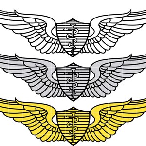 May include: Three medical emblem designs. The top emblem is black and white, the middle one is gray and white, and the bottom one is yellow and gold. Each emblem features a shield with a medical symbol and wings.