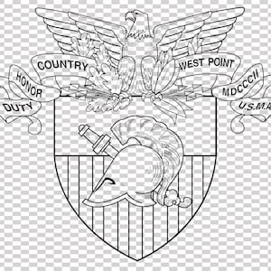 Könnte beinhalten: Schwarz-weiße Strichzeichnung des Wappens der United States Military Academy. Das Wappen zeigt einen Adler mit ausgebreiteten Flügeln über einem Banner mit der Aufschrift "COUNTRY" und "WEST POINT". Darunter zeigt ein Schild einen Helm und ein Schwert, mit Bannern mit der Aufschrift "HONOR", "DUTY", "MDCCCII" und "U.S.M.A."