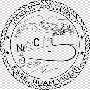 May include: Black and white emblem with the text "USS NORTH CAROLINA-SSN 777". The emblem includes a submarine, a biplane, stars, and the dates "MAY 20TH 1775" and "APRIL 12TH 1776". The phrase "ESSE QUAM VIDERI" is also present.