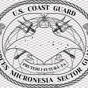May include: Black and white U.S. Coast Guard emblem for Micronesia Sector, Guam. The design features a manta ray, tridents, and the text "PRUTEHI I FUTURA-TA". The emblem is encircled by a rope-like border with the words "FORCES MICRONESIA SECTOR GUAM".
