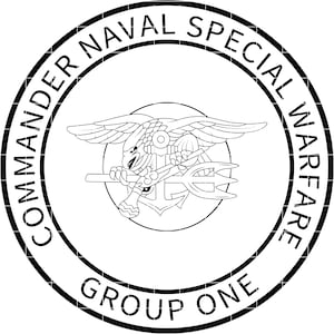 May include: Black and white emblem featuring an eagle holding a trident and a rifle, with an anchor in the background. The text "COMMANDER NAVAL SPECIAL WARFARE GROUP ONE" is in a circular border around the central image.