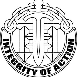 May include: A black and white emblem featuring a sword, chain links, and geometric shapes. The words "INTEGRITY OF ACTION" are curved around the emblem's border. The design is symmetrical and detailed.