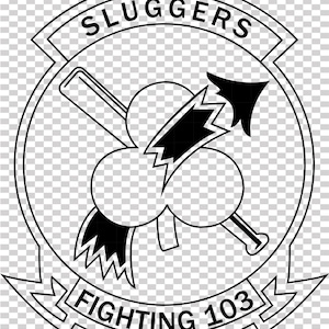 May include: A black and white emblem with the text "SLUGGERS" at the top and "FIGHTING 103" at the bottom. The emblem features a baseball bat, a stylized arrow, and a clover-like design.