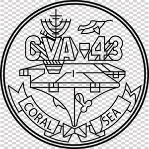May include: Black and white line art of a circular emblem. The emblem features the text "CVA-43" and "CORAL SEA" in a banner. The design includes a stylized ship, a bird, and other geometric shapes.
