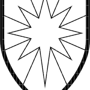 Puede incluir: Gráfico en blanco y negro en forma de escudo con un diseño de estrella en el centro. El escudo tiene un borde negro grueso con un patrón de cuadrícula. La estrella es blanca con líneas negras.