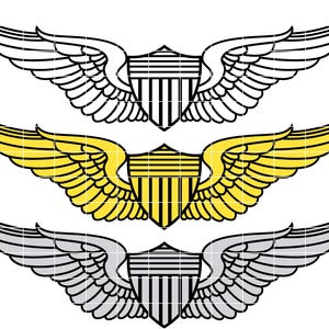 May include: Three stylized wing emblems in black and white, gold and black, and silver and black. Each emblem features a shield with vertical stripes at the center, flanked by detailed wings, suitable for aviation or military-themed designs.