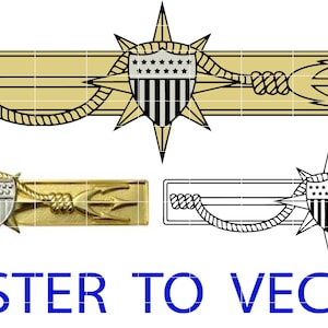 Könnte beinhalten: Goldfarbenes Militärabzeichen mit einem zentralen Schilddesign mit Sternen und Streifen, flankiert von einem Dreizack und Seildetails. Der Text "RASTER TO VECTOR" wird darunter in Blau angezeigt.