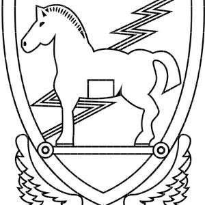May include: Black and white emblem featuring a horse inside a shield, with a lightning bolt and stylized wings. The design is a line drawing, suitable for patches, stickers, or other applications.