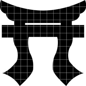 May include: A black and white graphic depicting a Torii gate, a traditional Japanese Shinto shrine entrance. The gate's outline is filled with a grid pattern. The design is simple and iconic, representing a symbol of Japan.